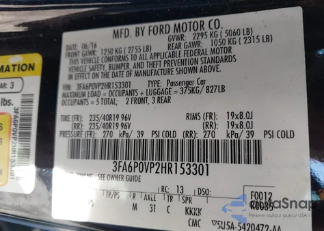 2017 Ford Fusion Sport z USA, uszkodzony, nr VIN 3FA6P0VP2HR153301